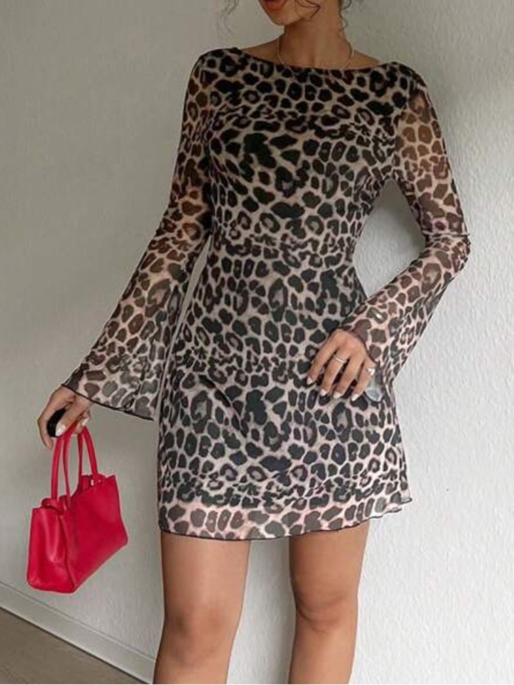SHEIN Brown and Black Leopard Print Long-Sleeve Mini Dress - Picture 4 of 4